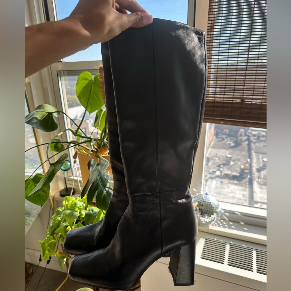 ZARA black Leather Knee-High Boots